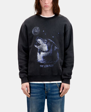 The Kooples HERREN BLACK WASHED herren schwarzes sweatshirt mit „wolf“-siebdruck