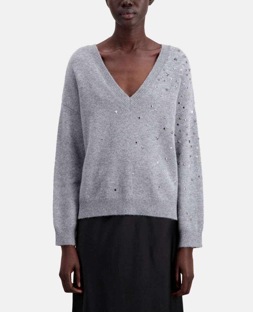 The Kooples FEMME MIDDLE GREY MEL pull gris en mélange de cachemire avec étoiles