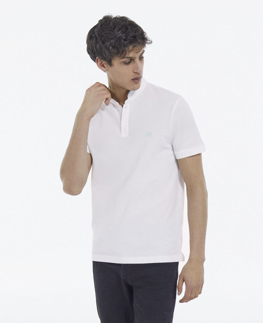 embroidered white polo w/ buttoned officer collar