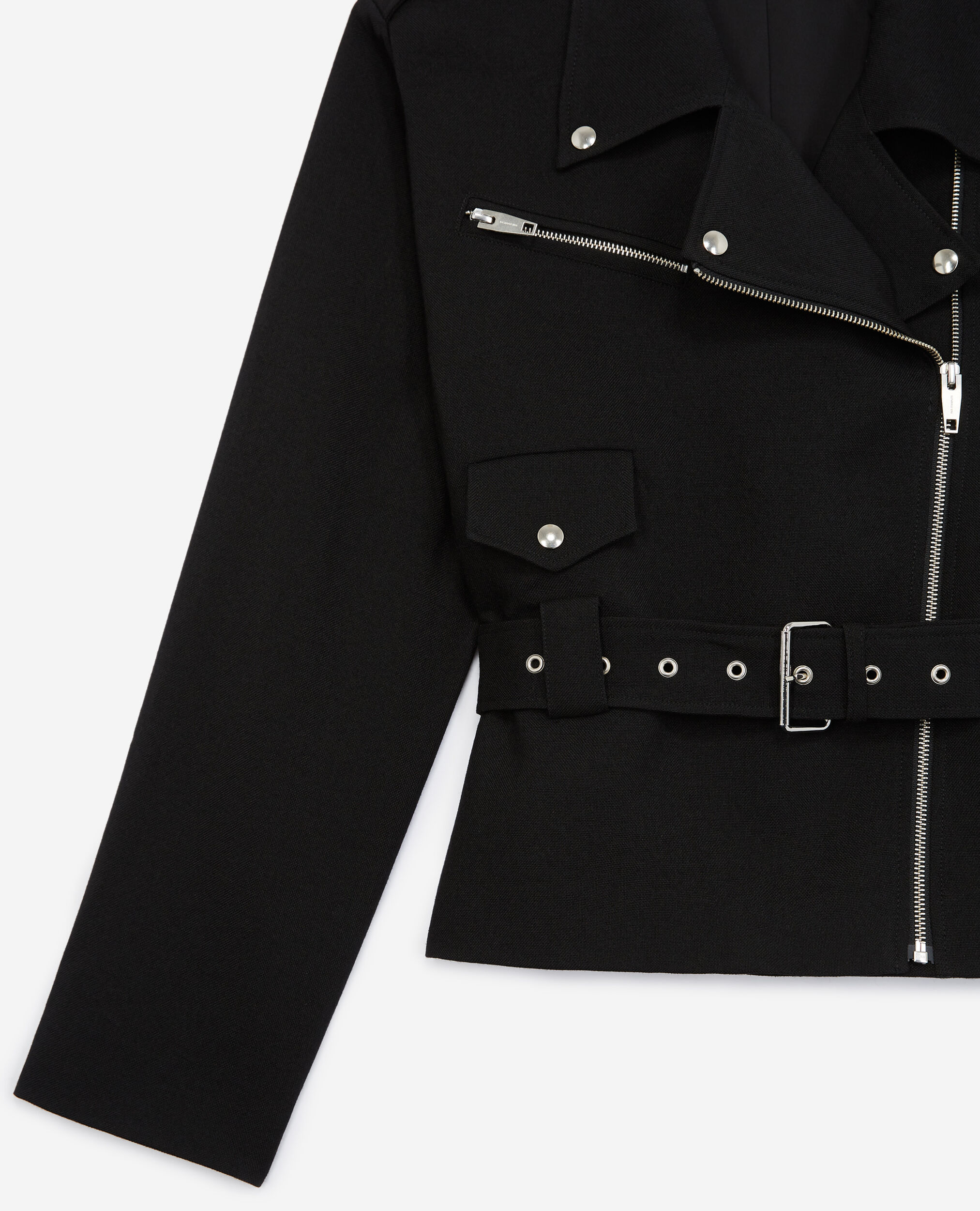 Cropped biker-style black wool coat, BLACK, hi-res image number null
