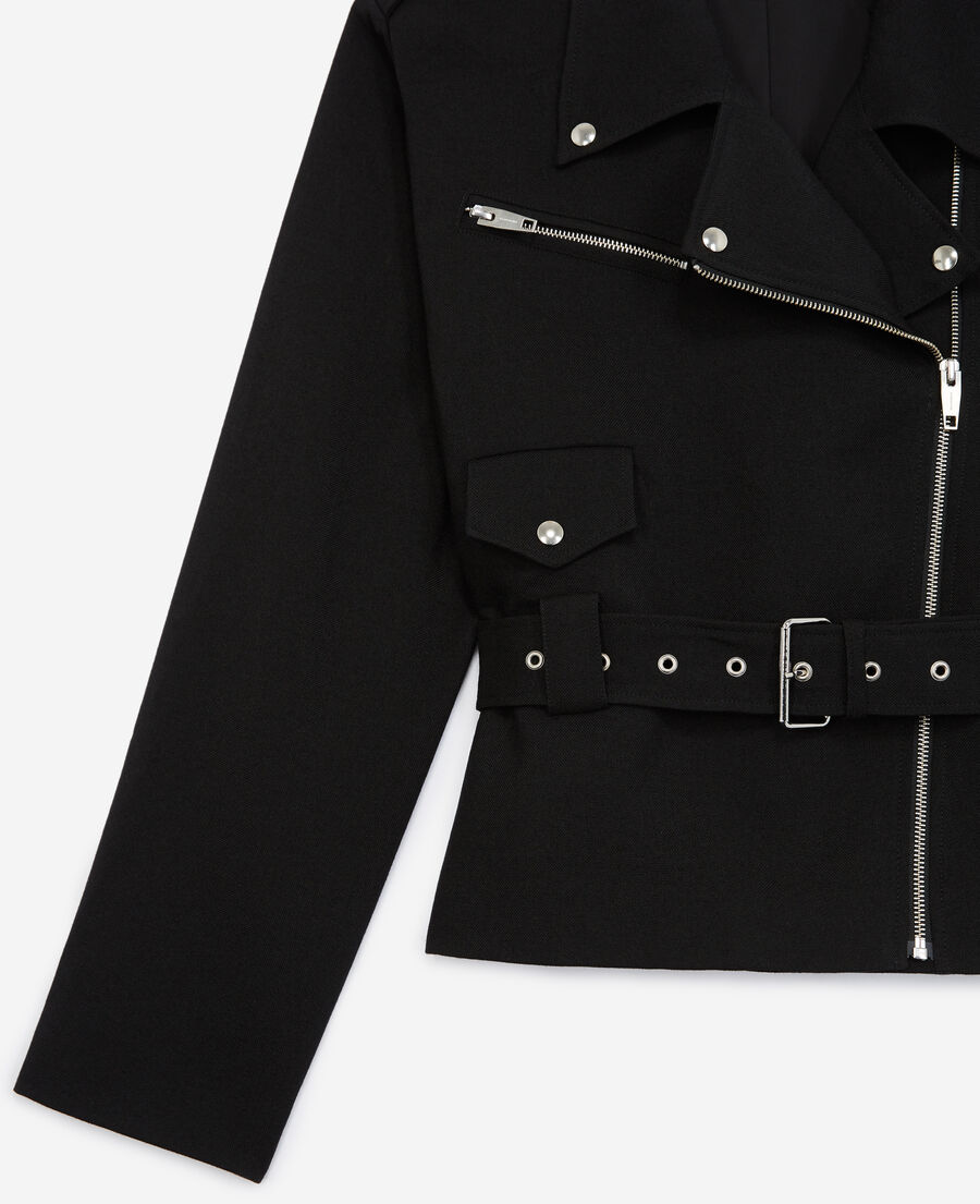 cropped biker-style black wool coat