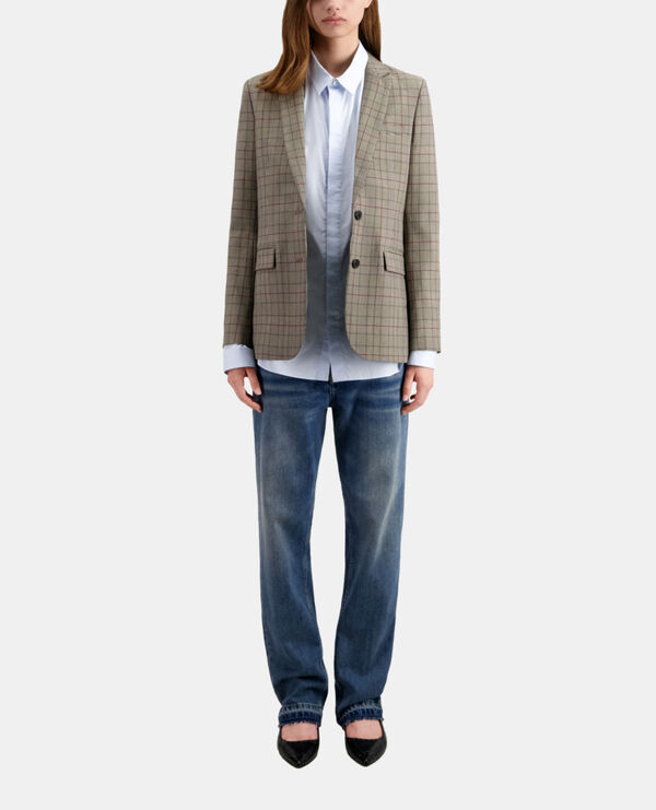 beige and burgundy prince of wales blazer