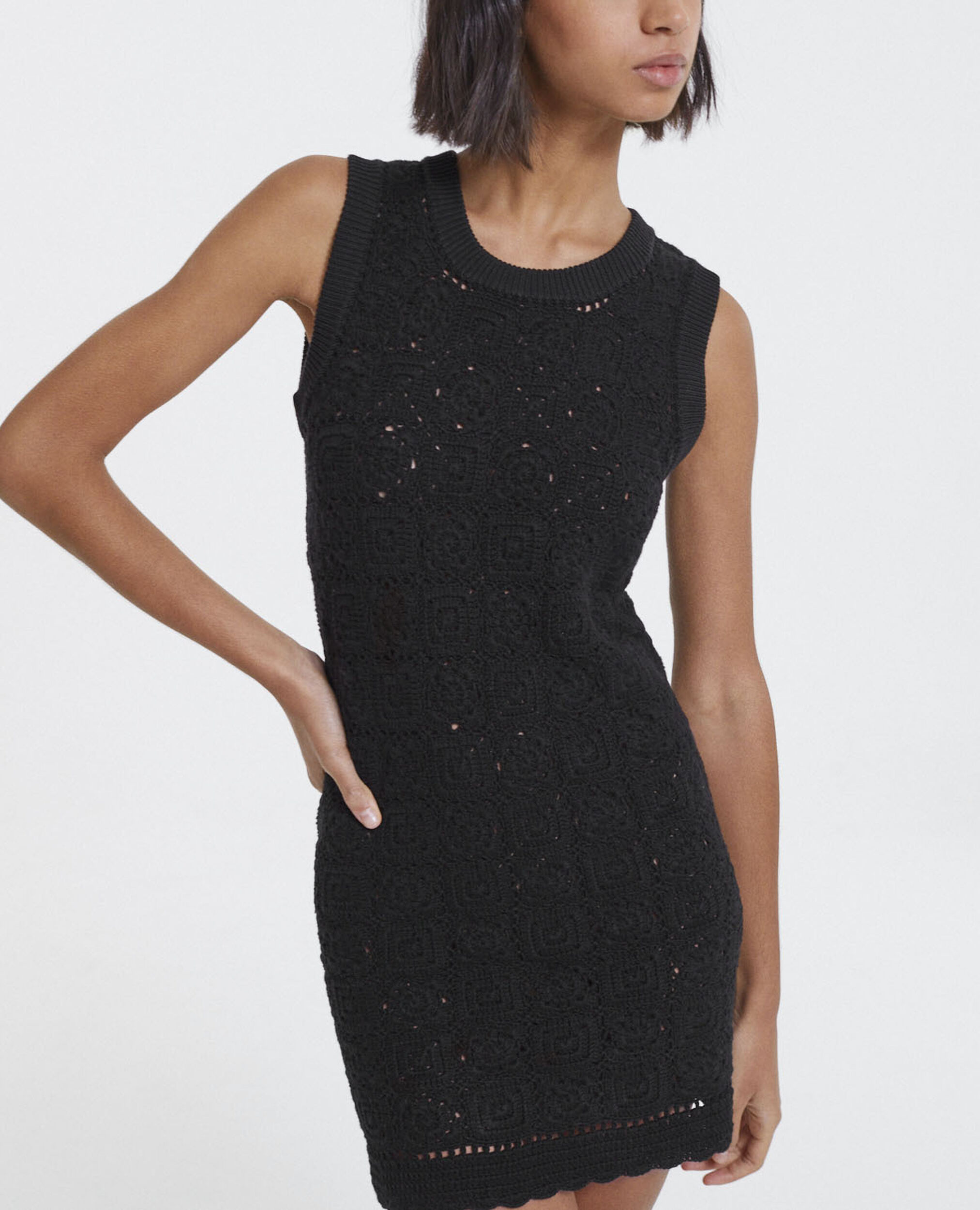 Short sleeveless black cotton dress, BLACK, hi-res image number null
