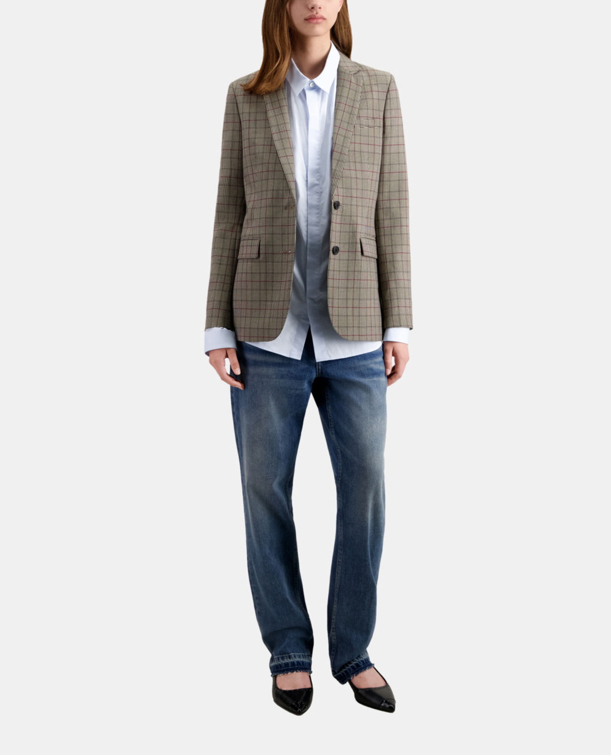 Beige and burgundy Prince of Wales blazer, ECRU / BLACK / BURGUNDY, hi-res image number null