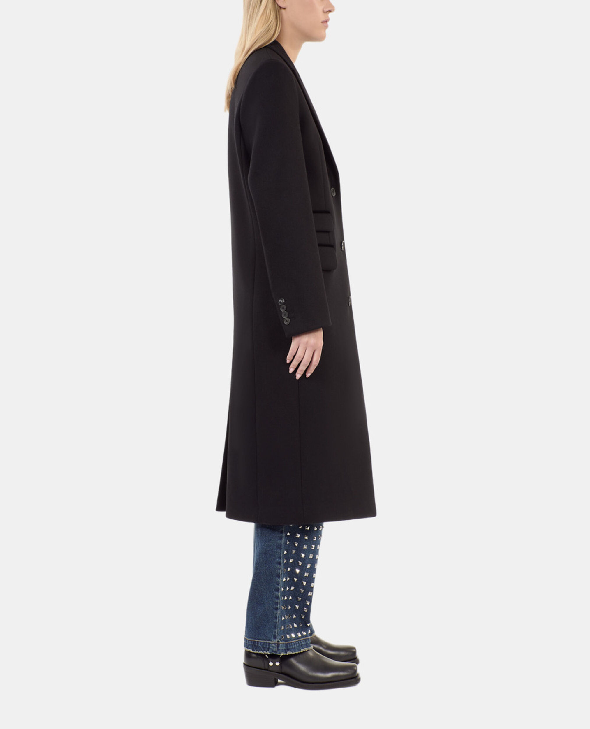 Long black wool-blend coat, BLACK, hi-res image number null
