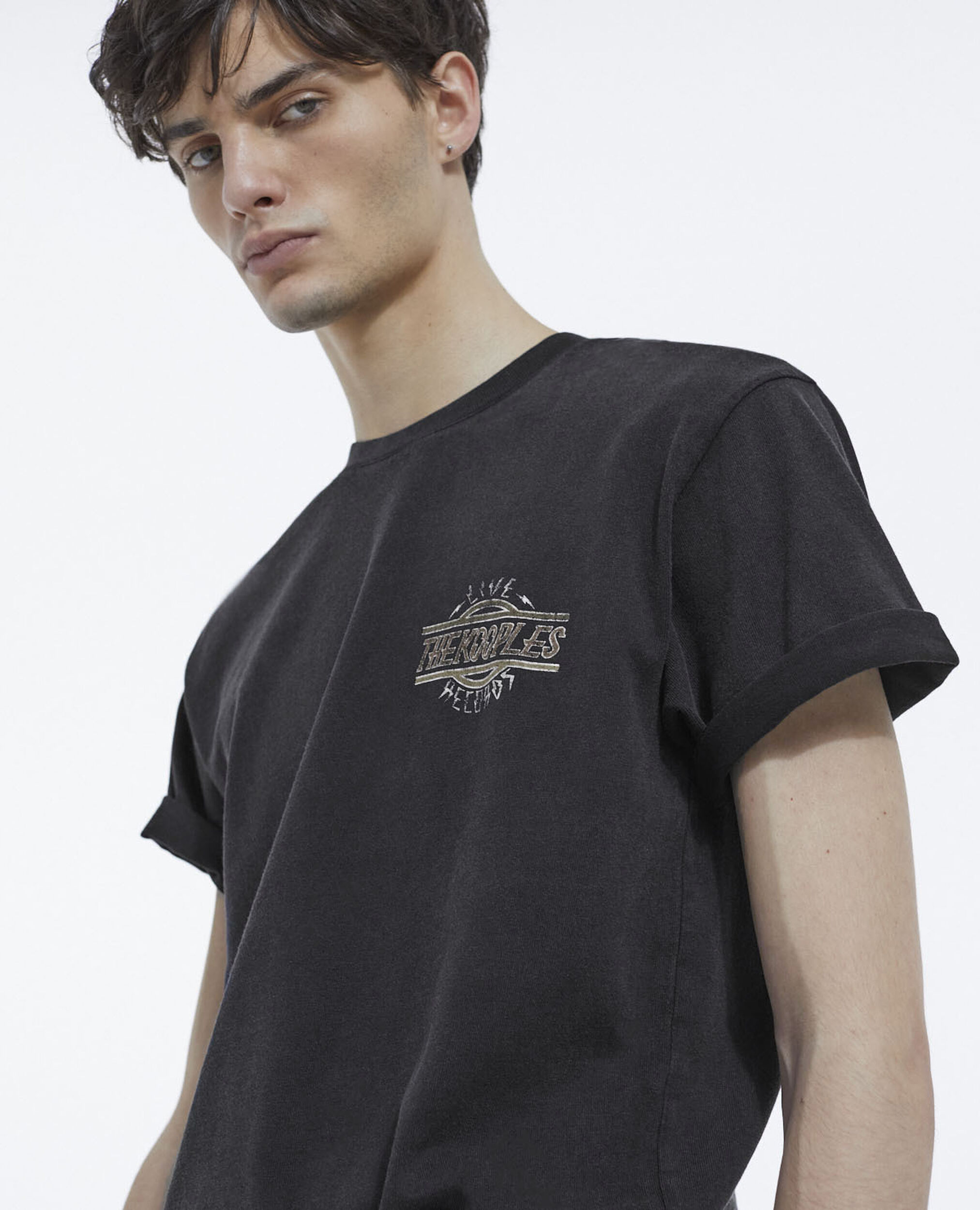T-shirt noir délavé coton imprimé col rond, BLACK WASHED, hi-res image number null