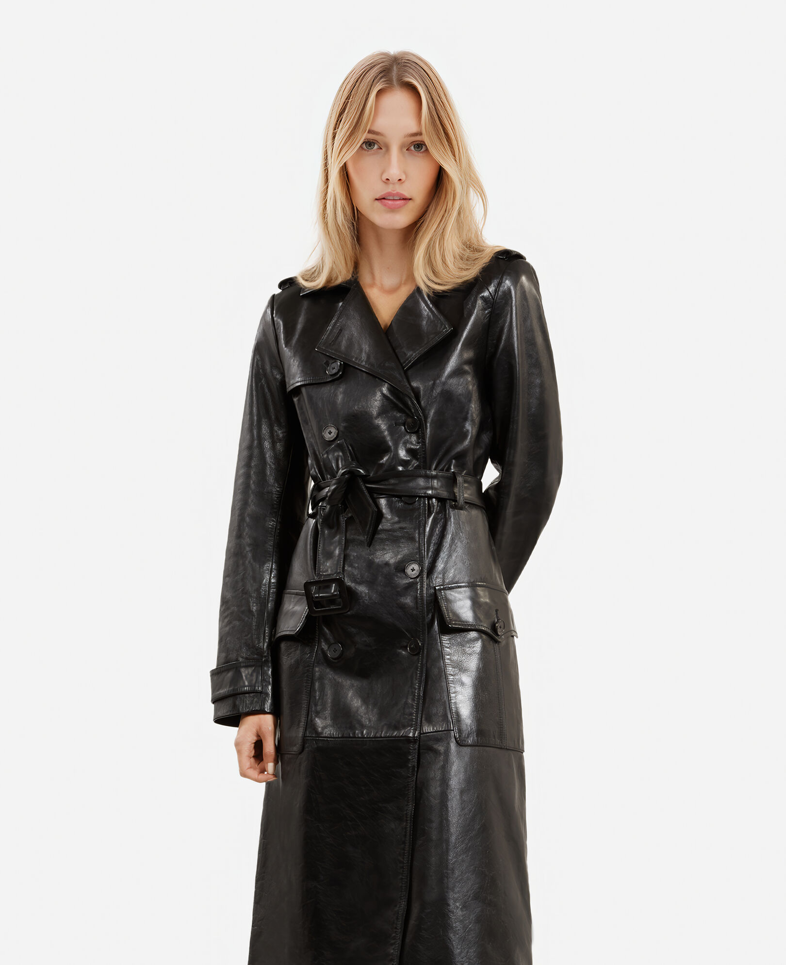 The Kooples FEMME BLACK trench long en cuir noir