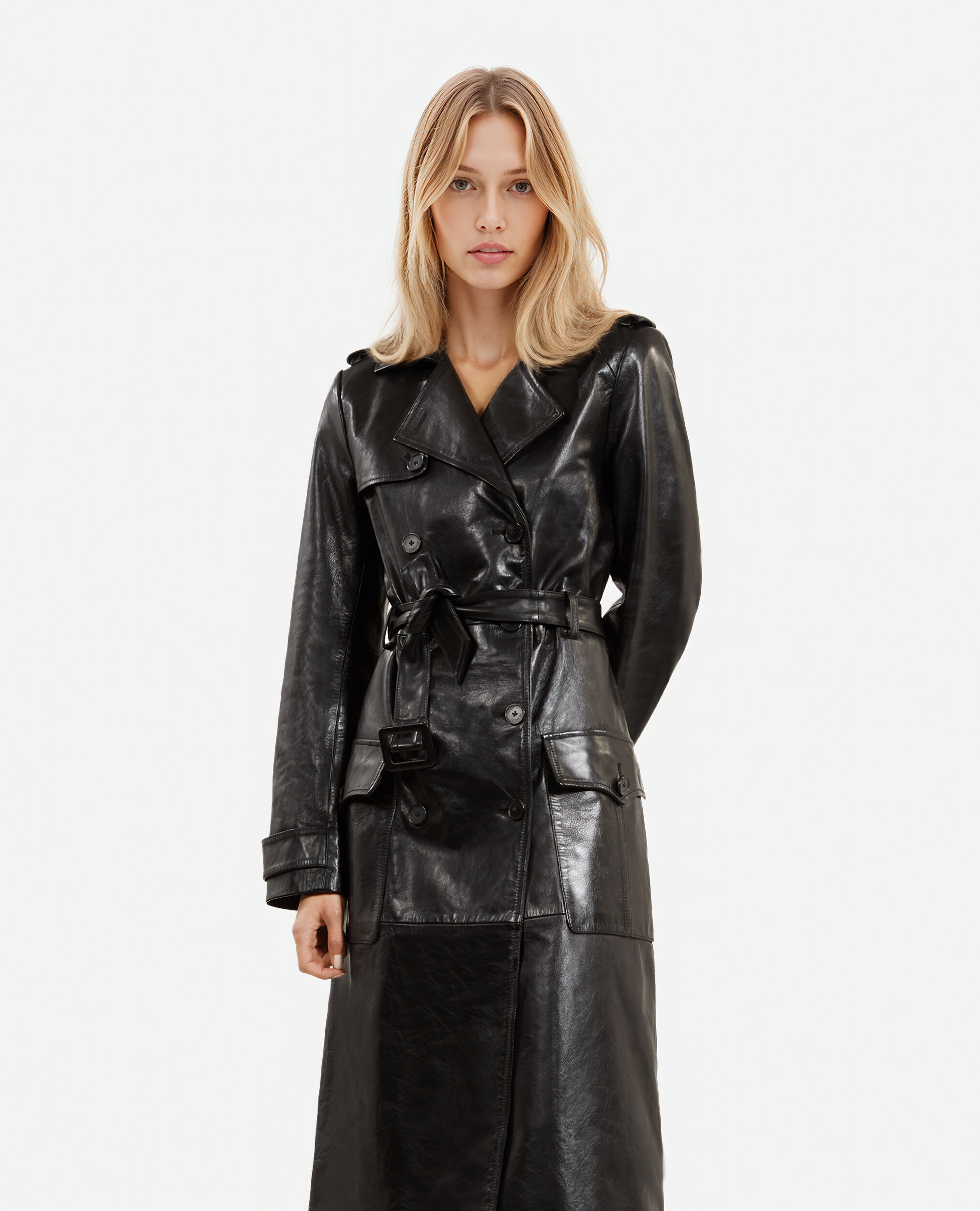 Trench long en cuir noir, BLACK, hi-res image number null