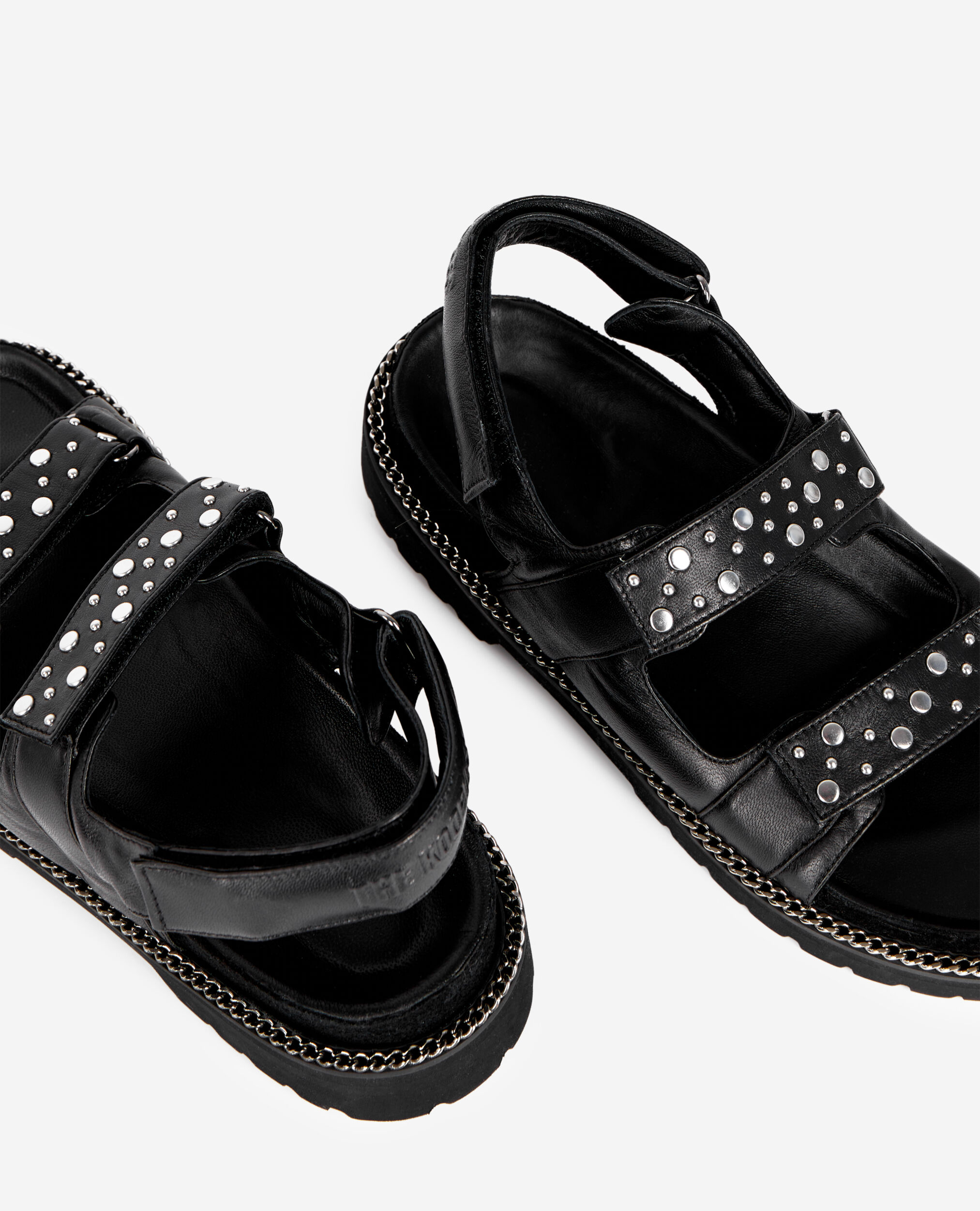 Schwarze flache Sandalen mit Kette und Nieten, BLACK, hi-res image number null