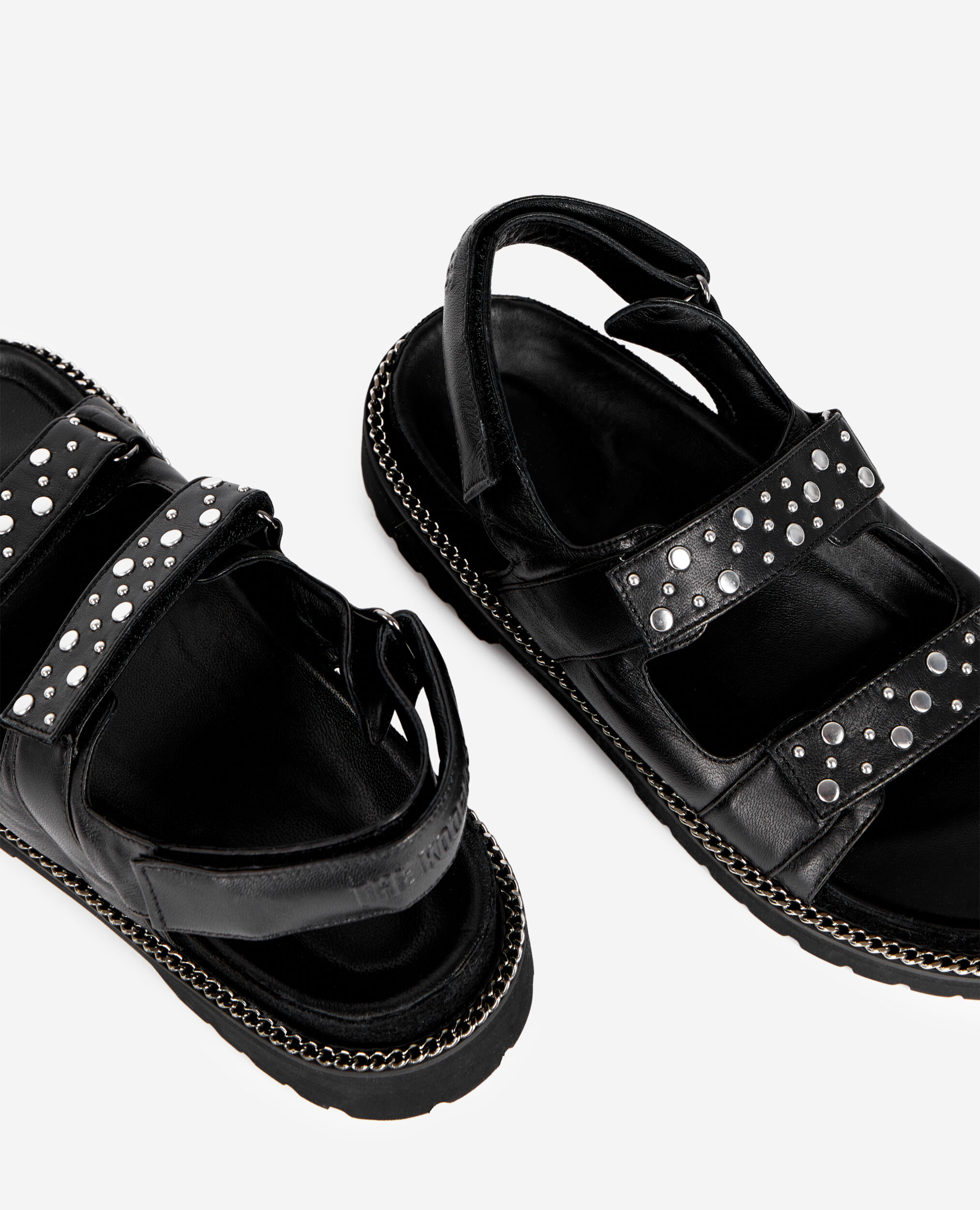 Sandales plates en cuir noir avec chaîne et clous, BLACK, hi-res image number null