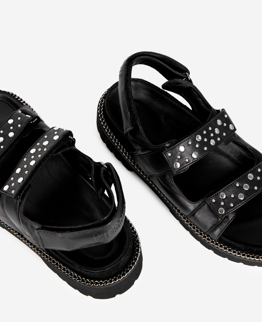 black leather flat sandals with chain and studs