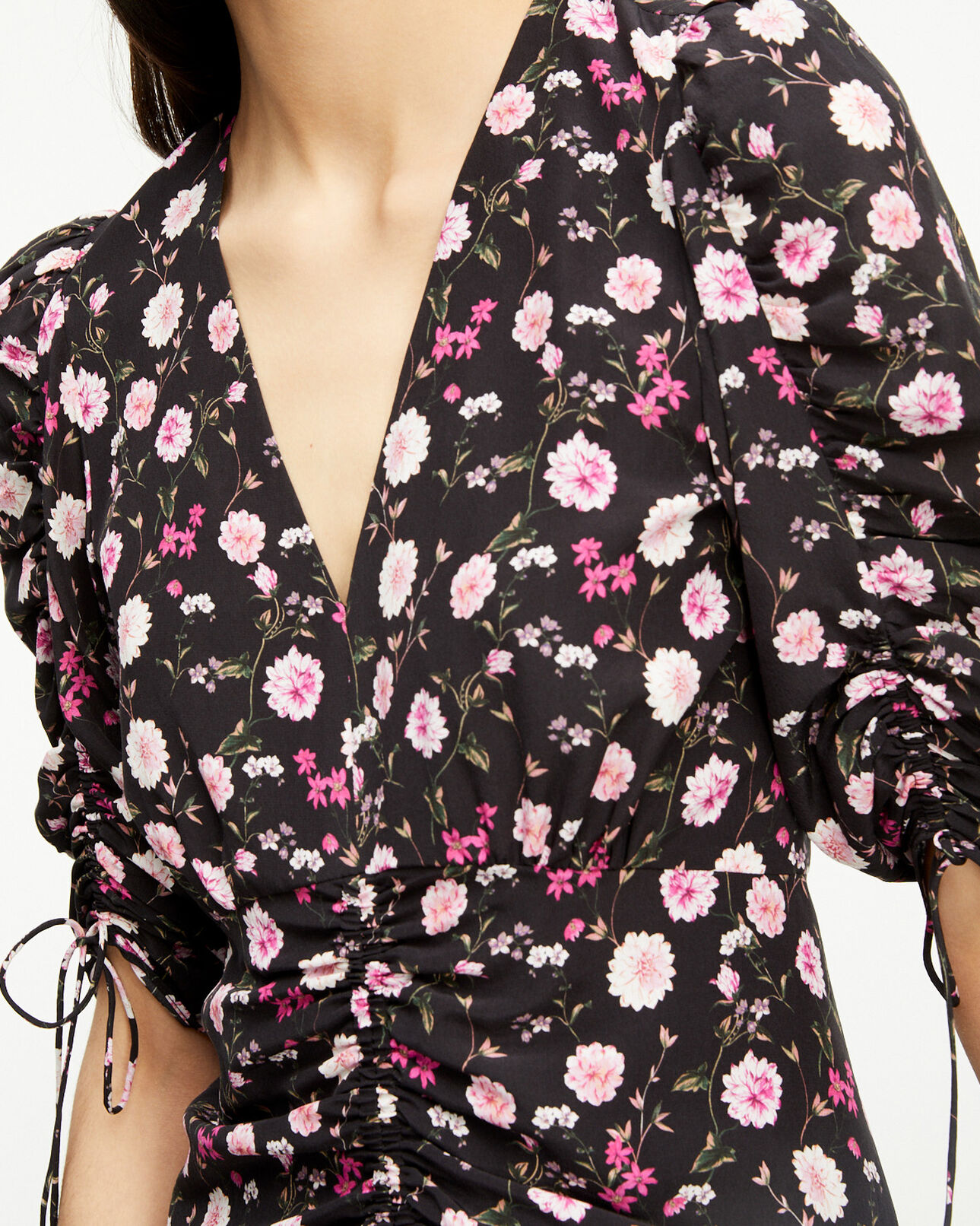 The Kooples FEMME BLACK / PINK robe longue noire et rose imprimé fleuri