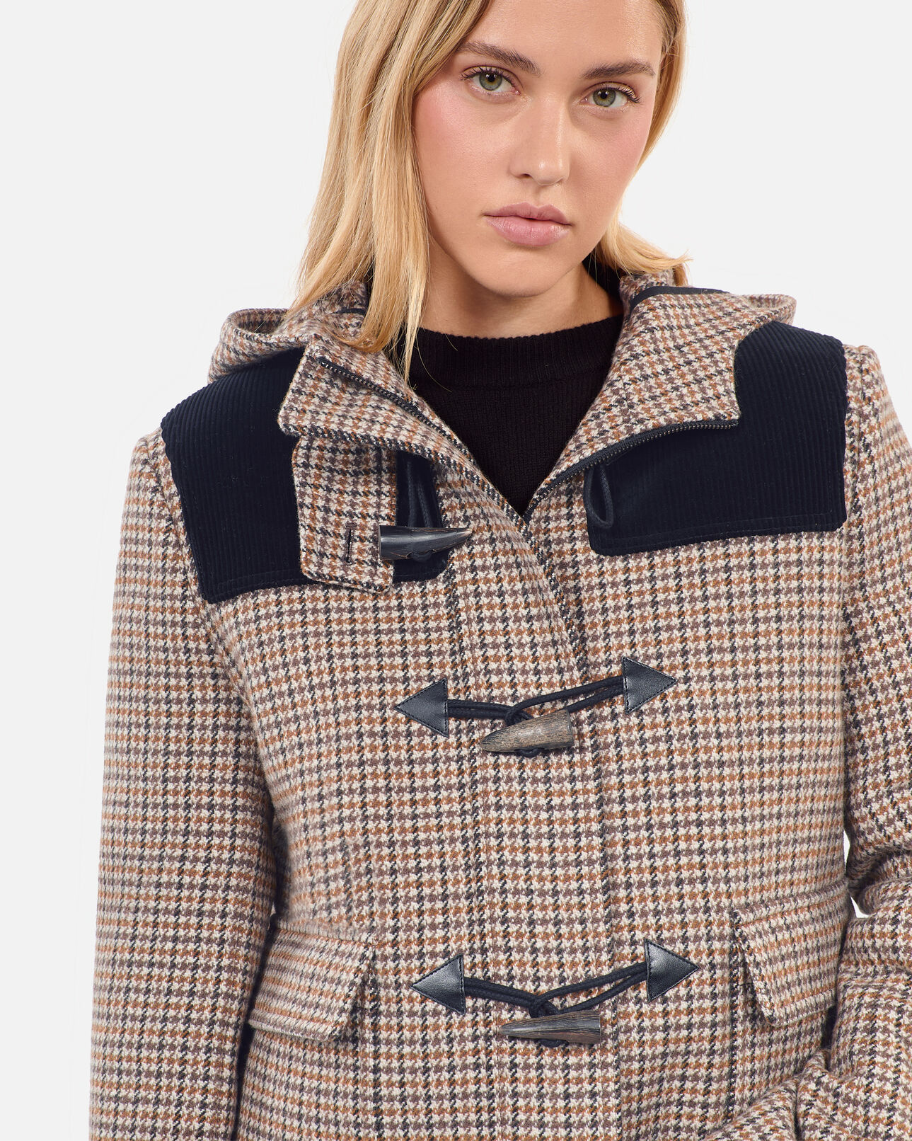 The Kooples FEMME BEIGE-BROWN caban à capuche pied de poule beige