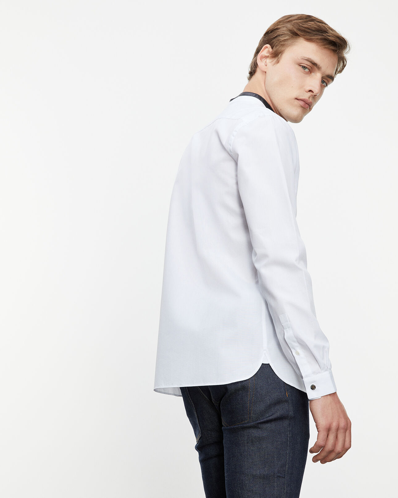 The Kooples MEN WHITE shirt with leather officer collar, removable