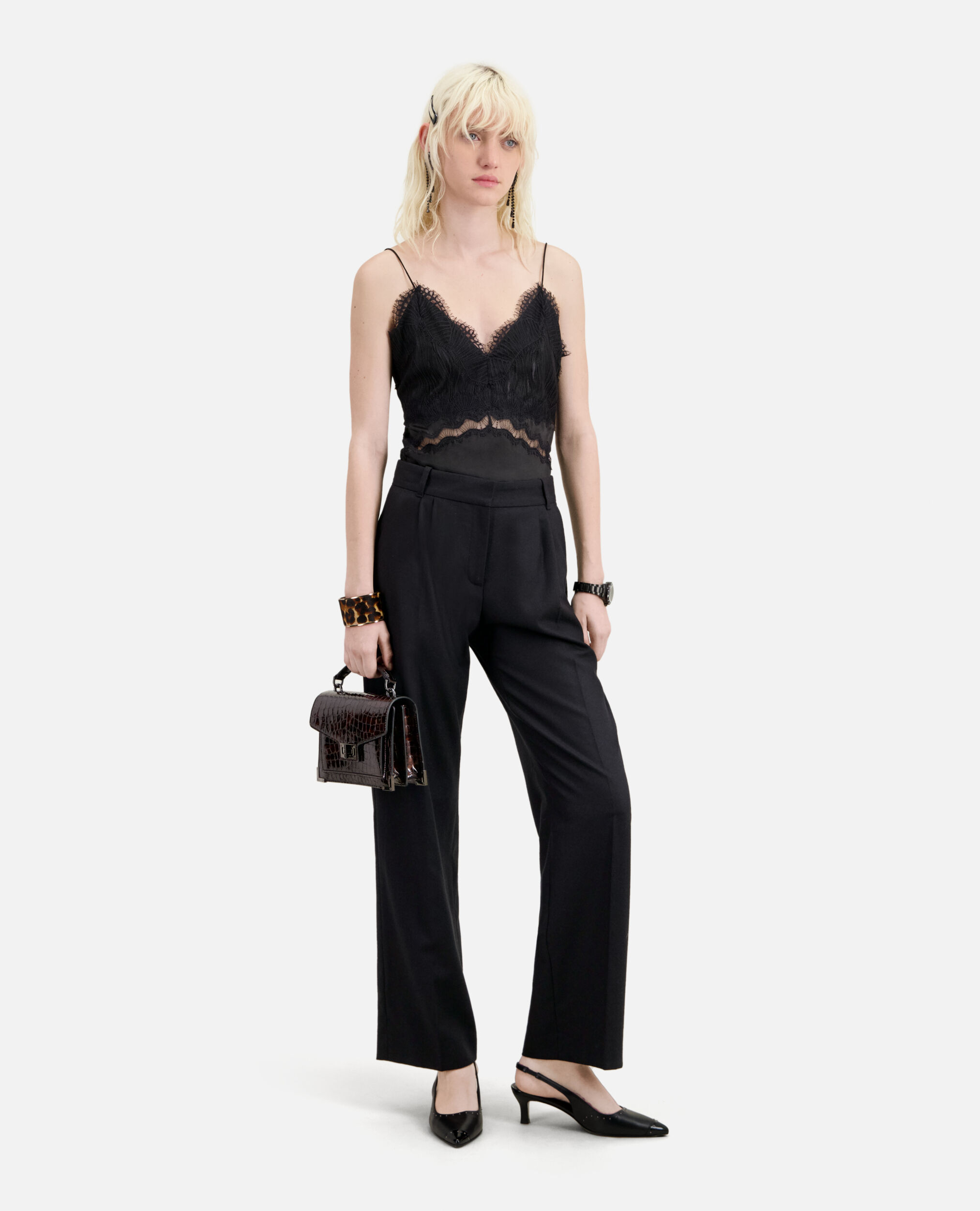 Black flannel trousers with pleats, BLACK, hi-res image number null