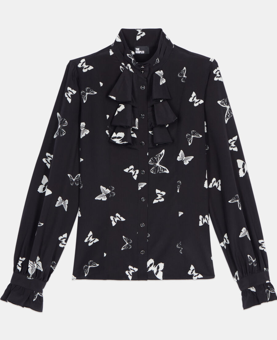 The Kooples WOMEN BLACK WHITE butterfly print silk shirt