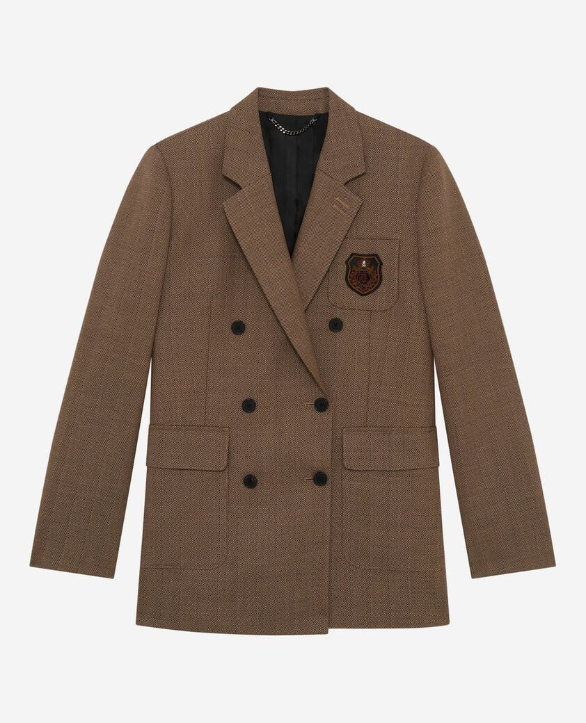 The Kooples WOMEN CAMEL double-breasted wool suit jacket with camel crest