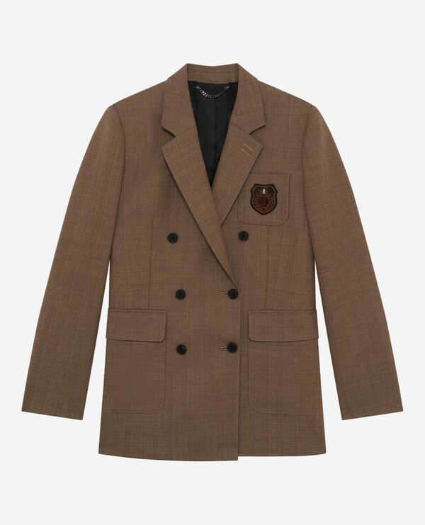 The Kooples WOMEN CAMEL double-breasted wool suit jacket with camel crest