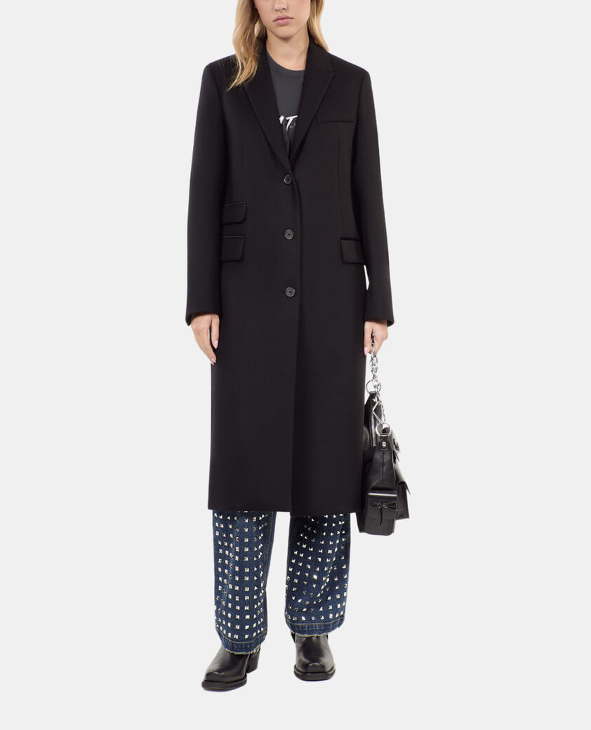 The Kooples FEMME BLACK manteau long en laine mélangée noire