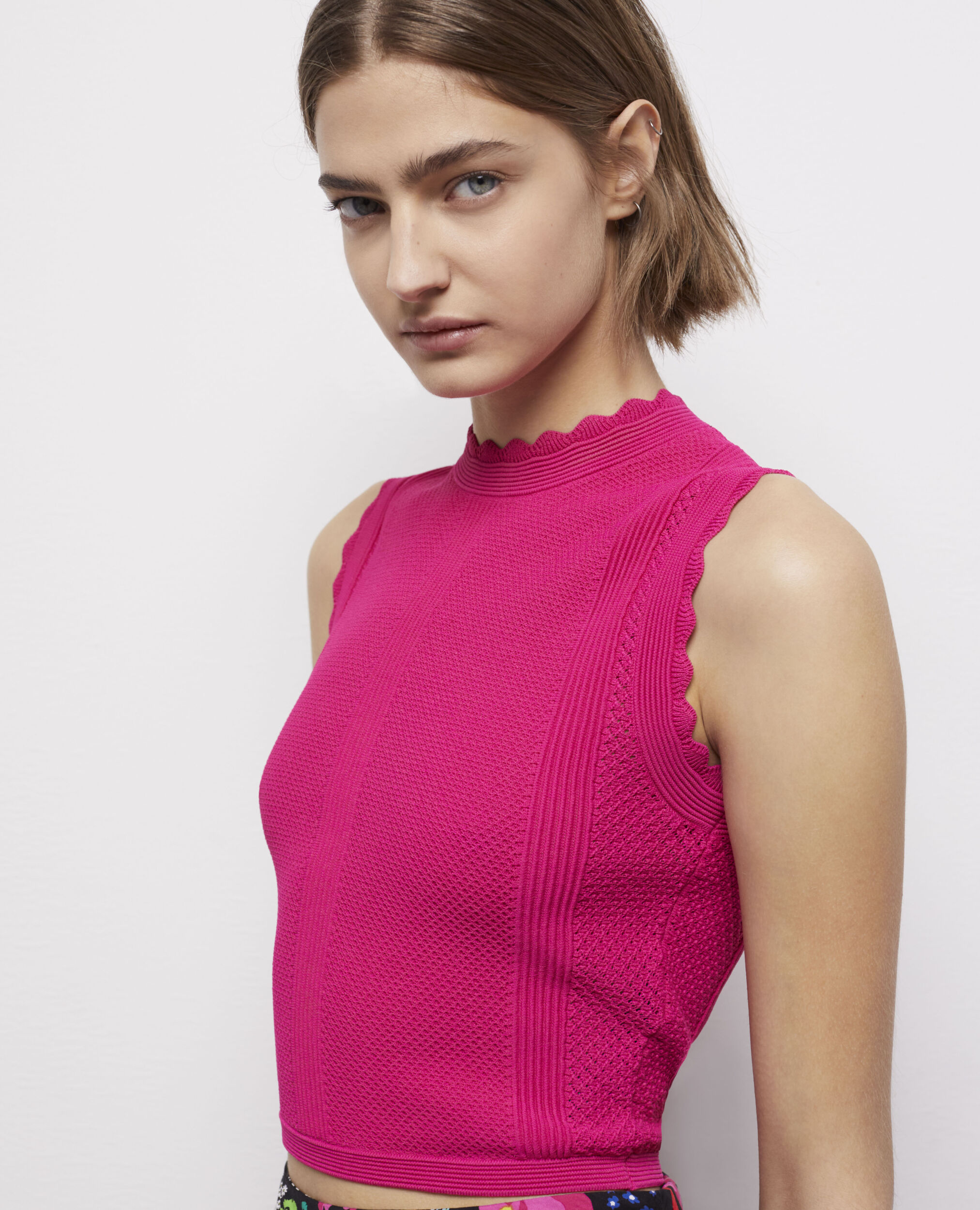 Pink openwork short knit top, PINK, hi-res image number null