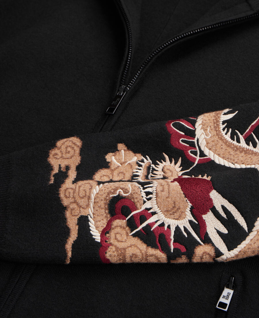 black wool-blend cardigan with dragon embroidery