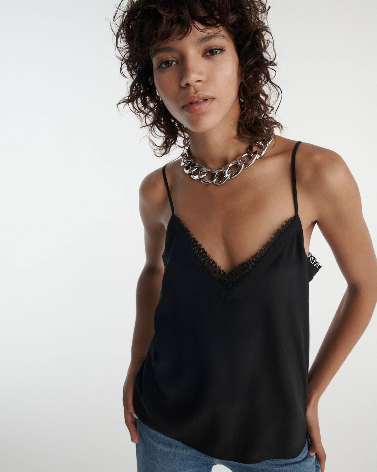 The Kooples WOMEN BLACK black silk camisole with v-neck and lace back