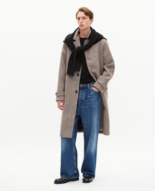 The Kooples HERREN BROWN CHEVRON langer brauner wollmantel mit fischgr&auml;tenmuster