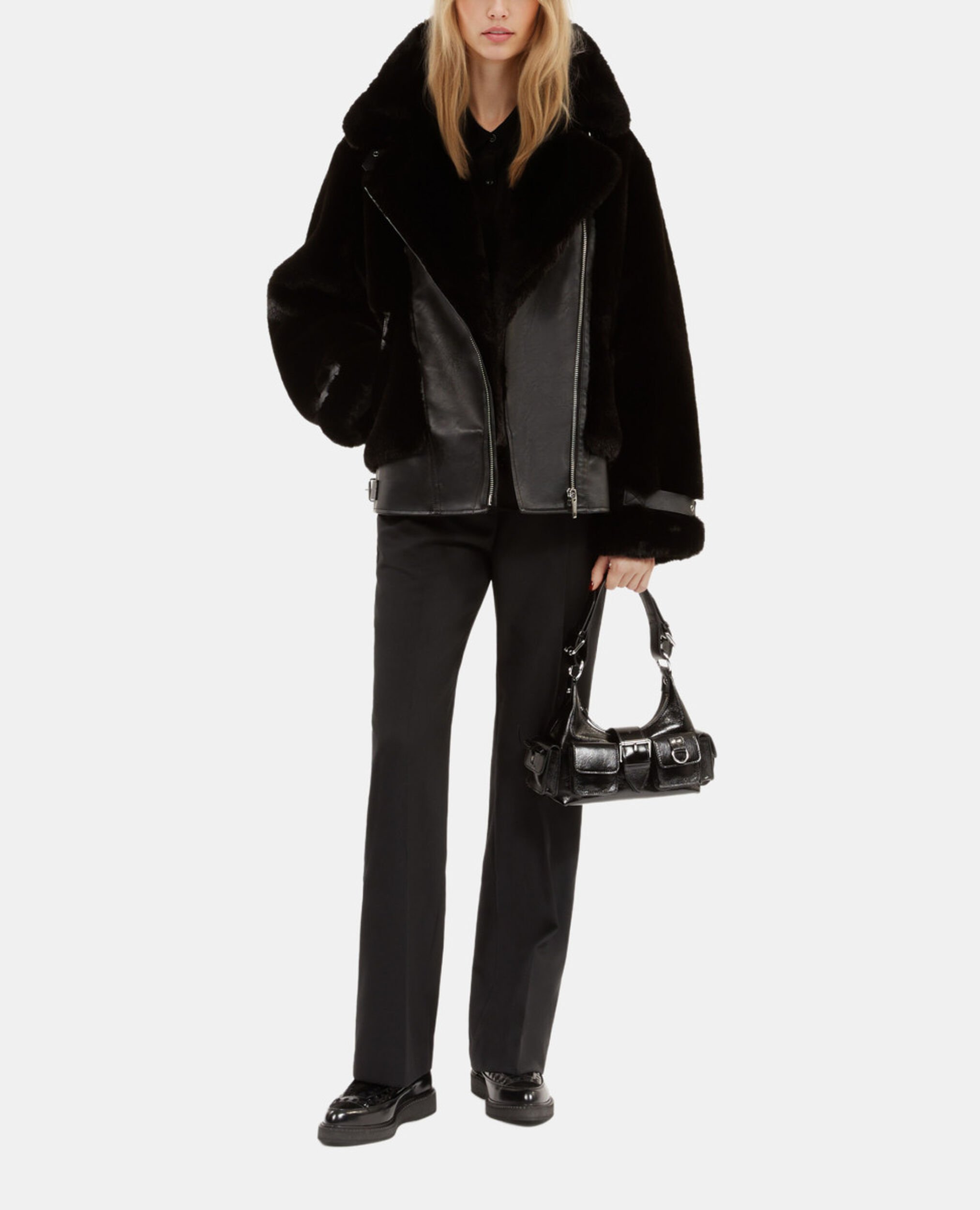 Black fur-effect aviator jacket, BLACK, hi-res image number null