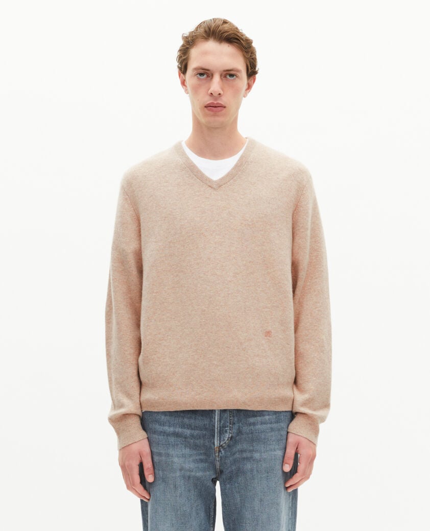 The Kooples HOMME BEIGE MELANGE pull col v en cachemire beige