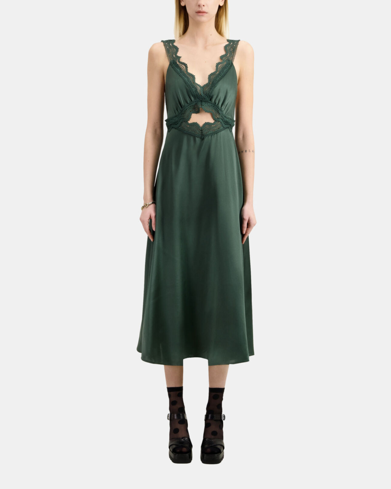 The Kooples WOMEN WOOD KAKI long green slip dress with guipure