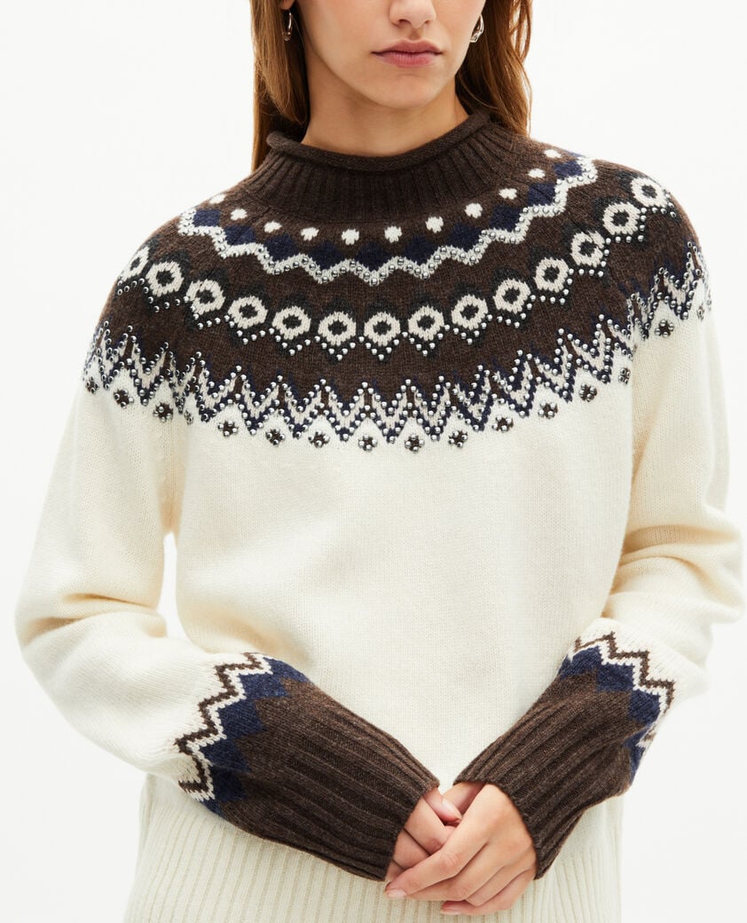 The Kooples FEMME ECRU / CAMEL pull à motif en laine mélangée écru