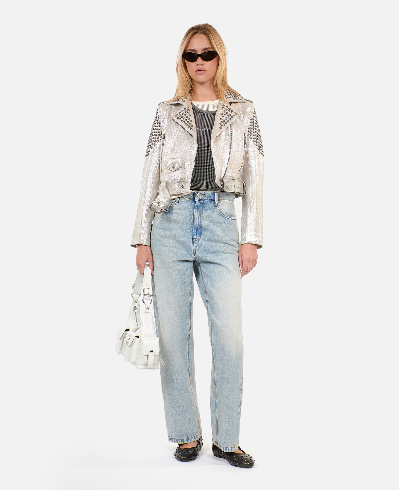 The Kooples FEMME 52 ARGENT VIEILLI CORNE blouson clouté en cuir argenté