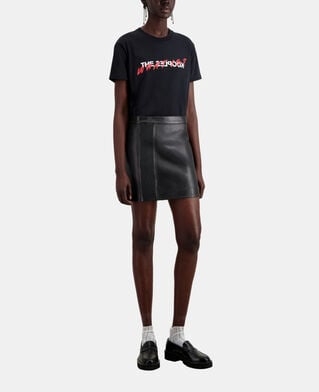 The Kooples WOMEN BLACK short black leather skirt with zip and pintuck details