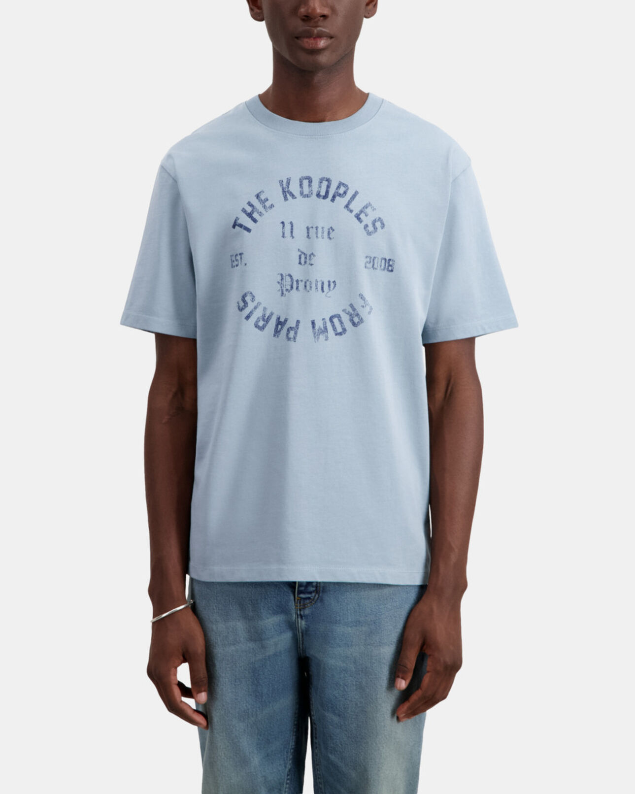 The Kooples MEN BLUE GREY light blue t-shirt with 11 rue de prony serigraphy