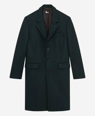 The Kooples MEN BOTTLE GREEN dark green leather lapel collar wool coat