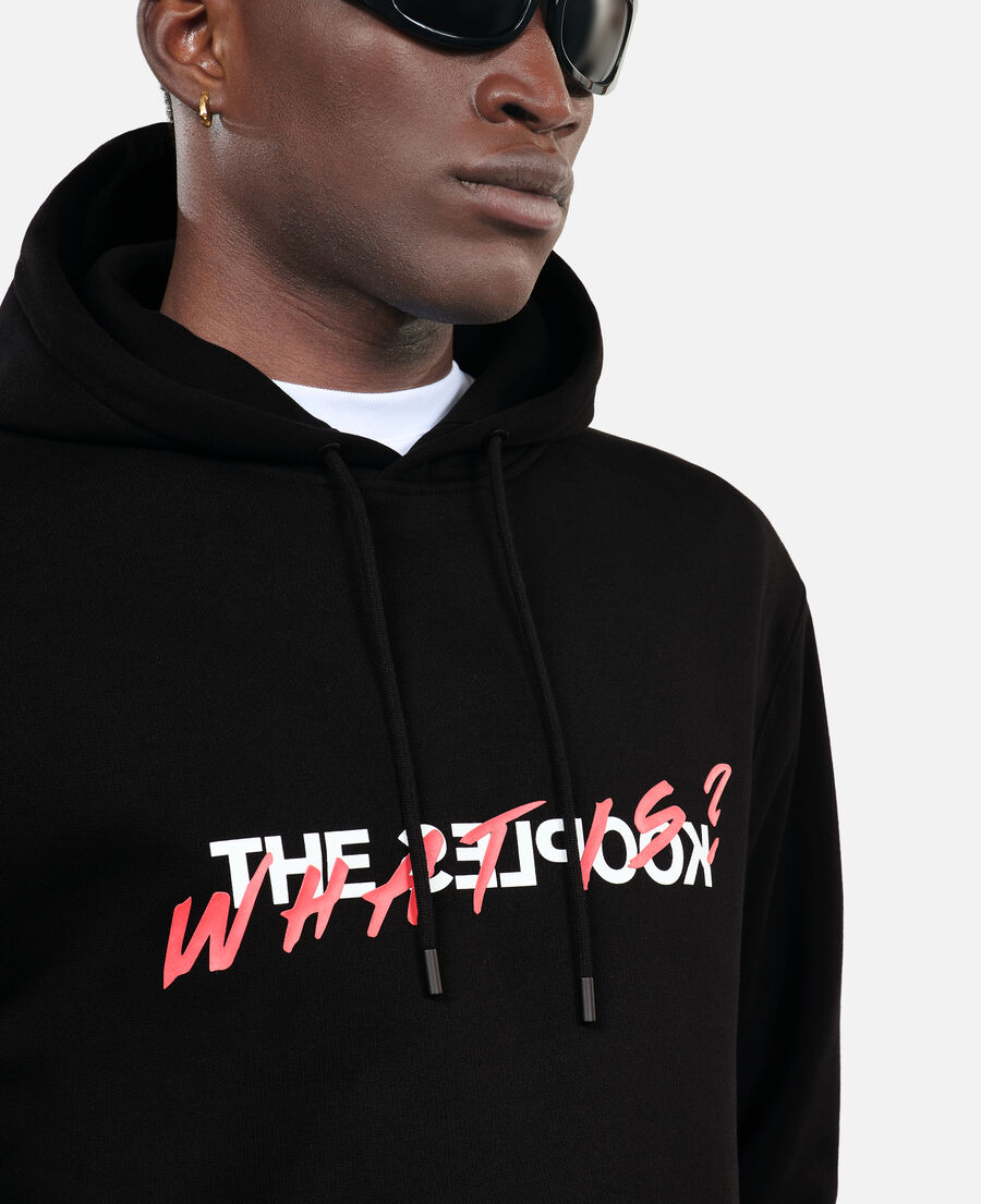 black sweatshirt with what is screen print