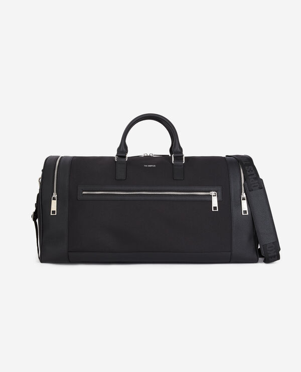 black leather and canvas weekend bag