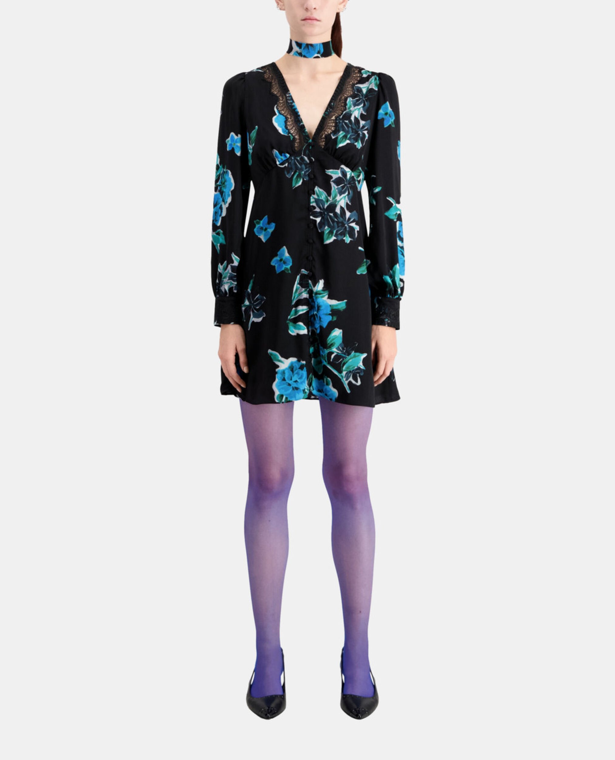 Short printed dress with lace details, BLACK BLUE, hi-res image number null