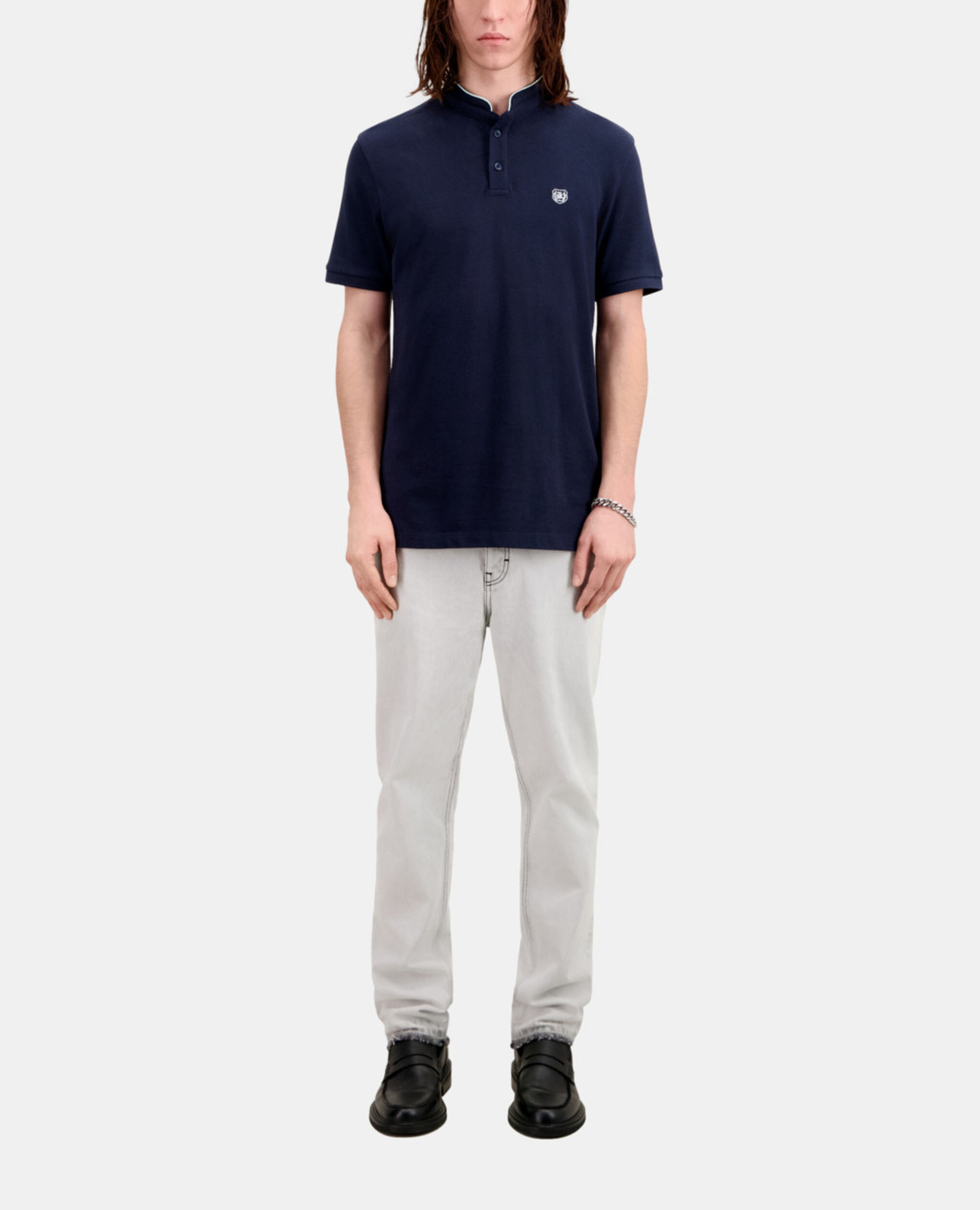 Navy blue cotton polo t-shirt, NAVY, hi-res image number null
