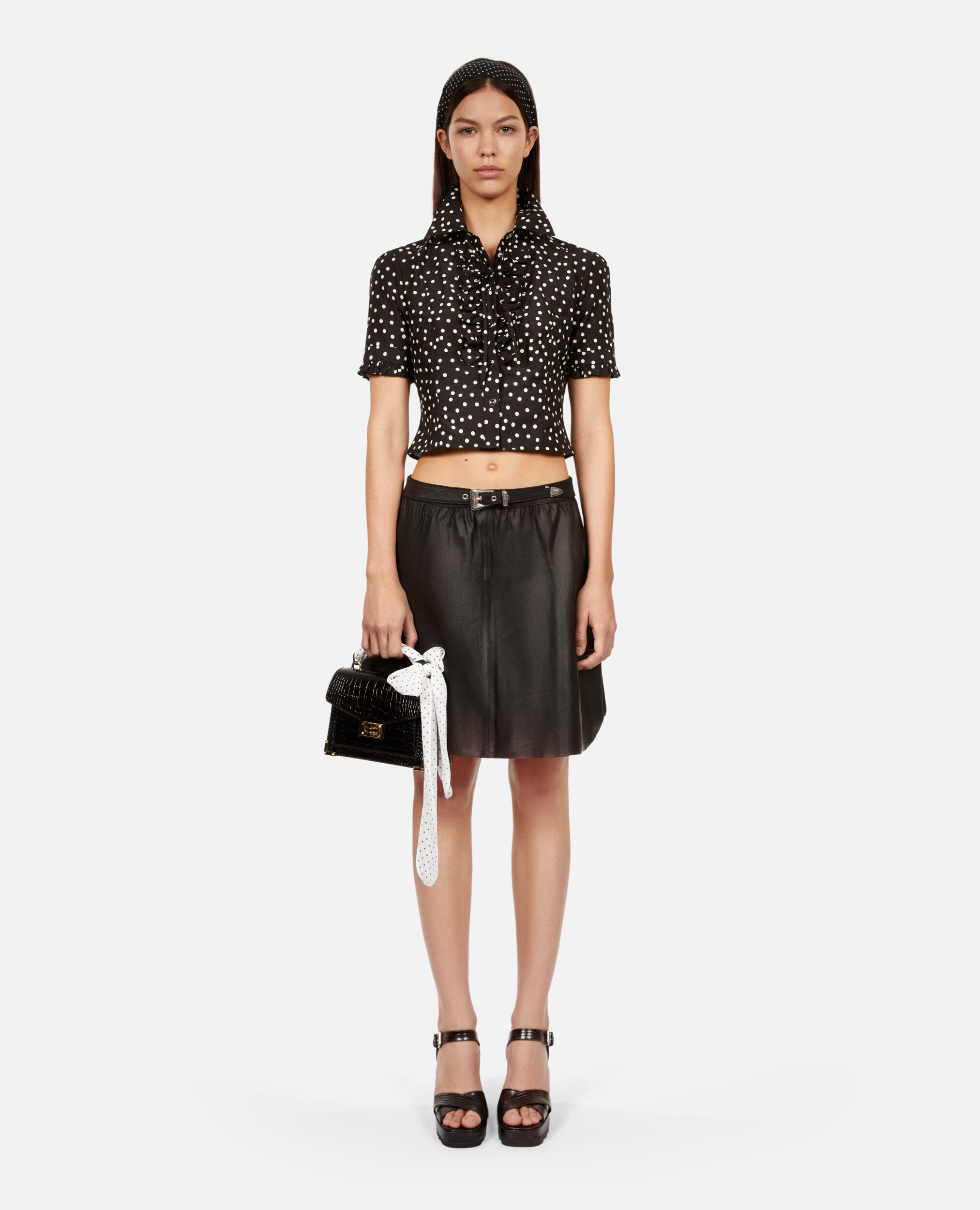 Short black leather wrap skirt, BLACK, hi-res image number null