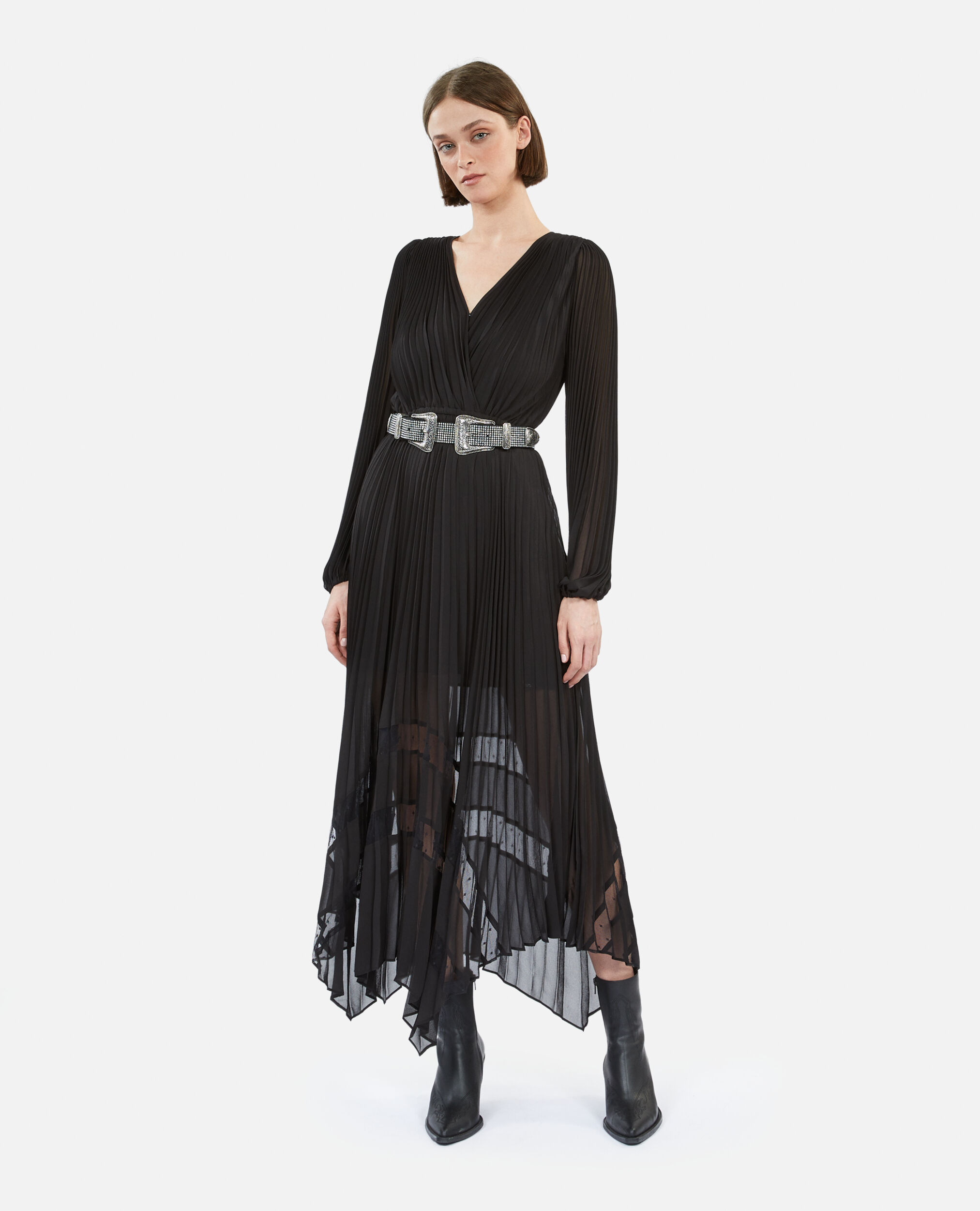 The Kooples long black pleated dress this season s star piece Discover our selection of women s ready to wear on the website and in store