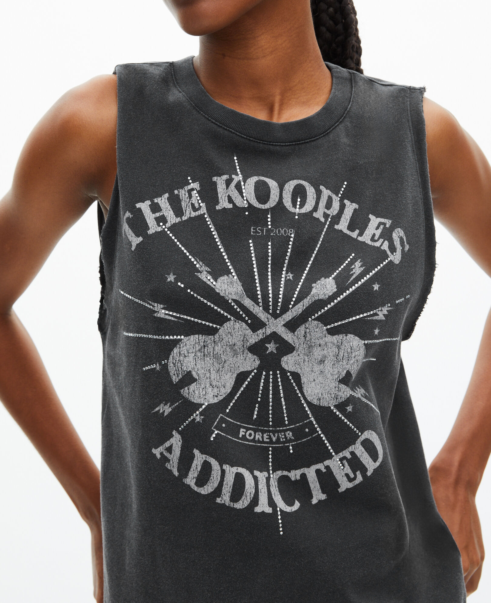 The Kooples WOMEN BLACK WASHED faded black screen print tank top with rhinestones