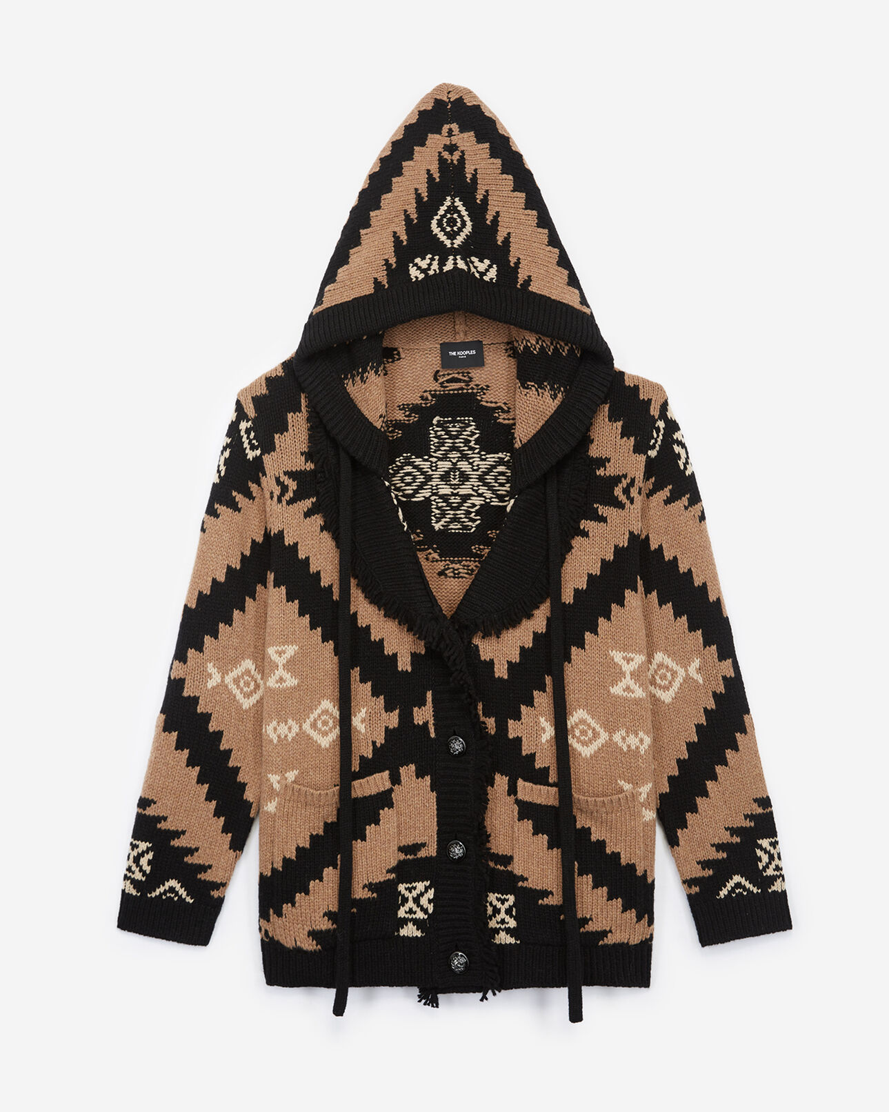 The Kooples FEMME CAMEL / ECRU cardigan camel mi-long à capuche