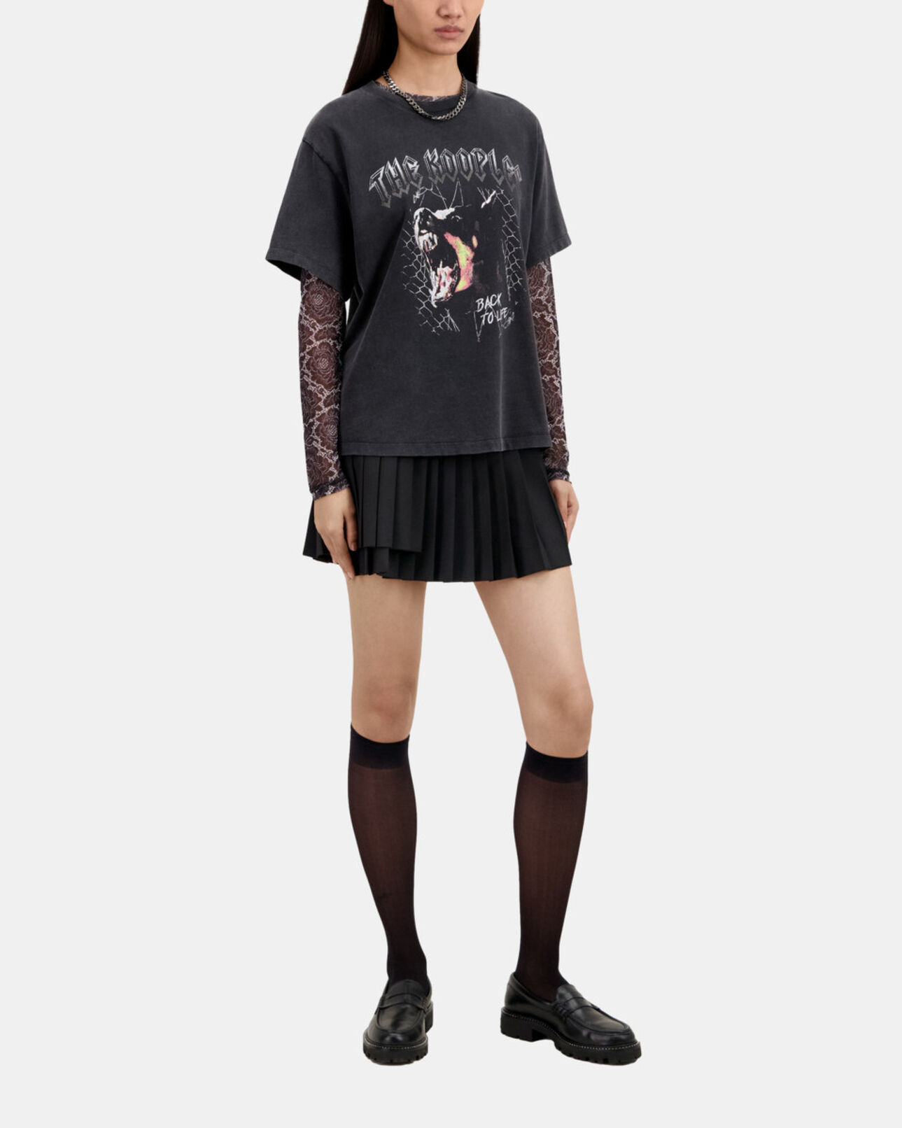 The Kooples DAMEN BLACK WASHED schwarzes t-shirt damen mit barking-dog-siebdruck