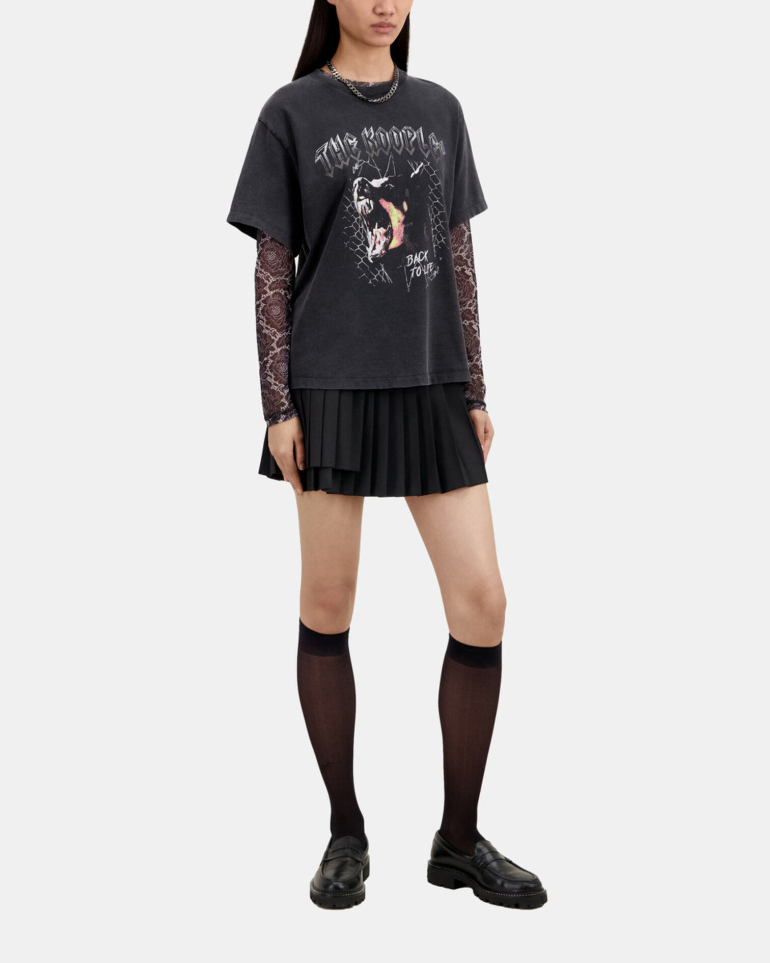 Schwarzes T-Shirt Damen mit Barking-Dog-Siebdruck, BLACK WASHED, hi-res image number null