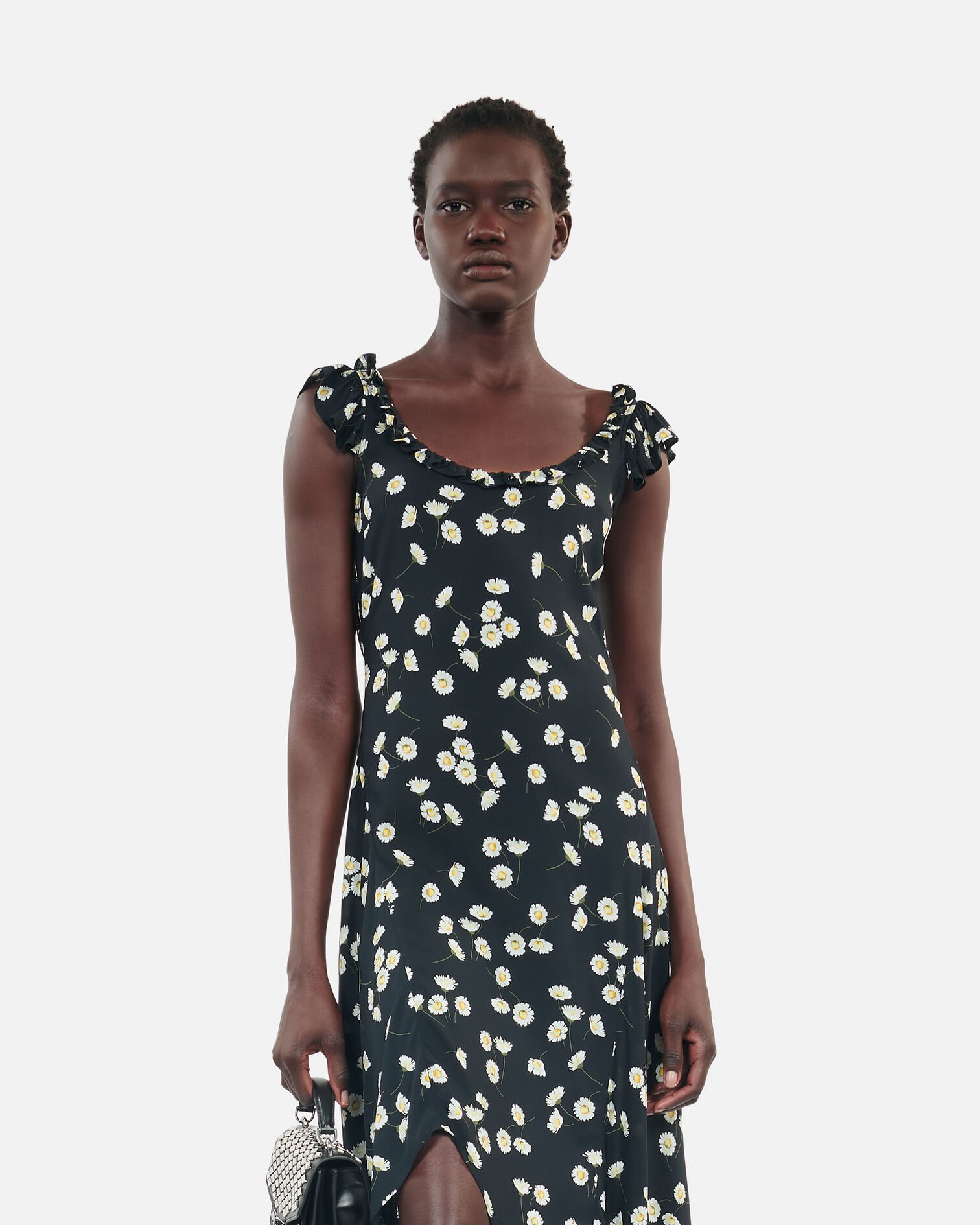 Robe longue avec imprimé fleuri, BLACK WHITE, hi-res image number null