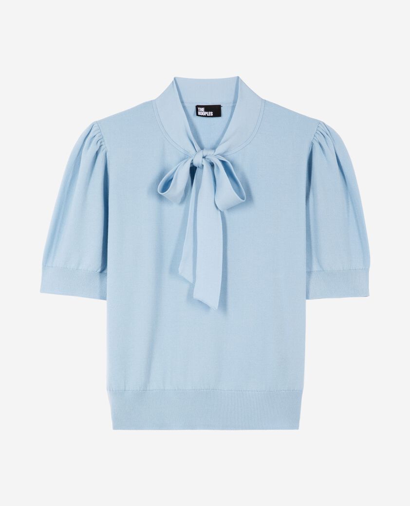 The Kooples FEMME LIGHT BLUE pull col lavalli&egrave;re en coton m&eacute;lang&eacute; bleu