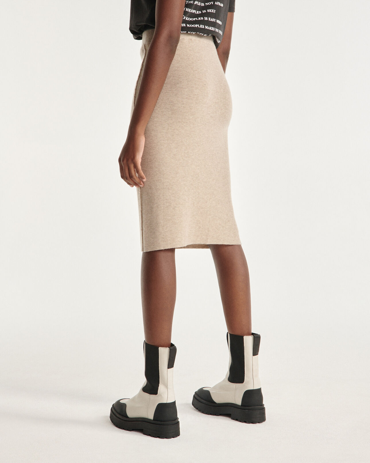 The Kooples FEMME BEIGE jupe courte laine cachemire beige côtes