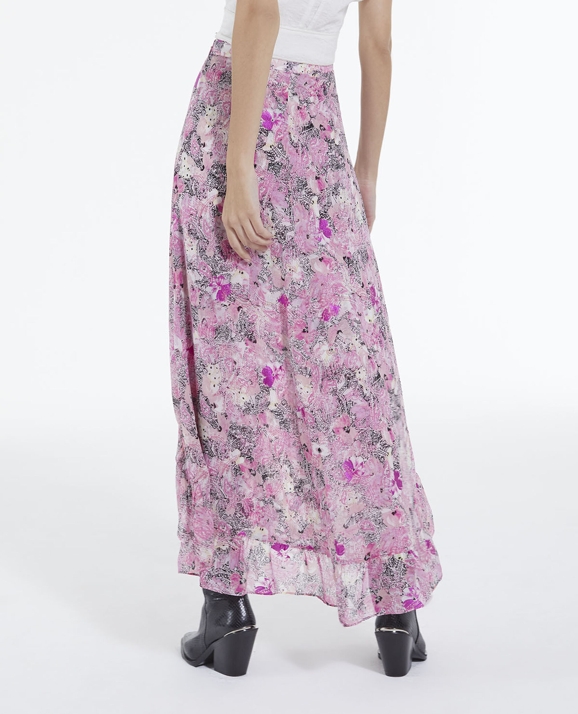 Flowing pink long skirt with floral print, PINK, hi-res image number null