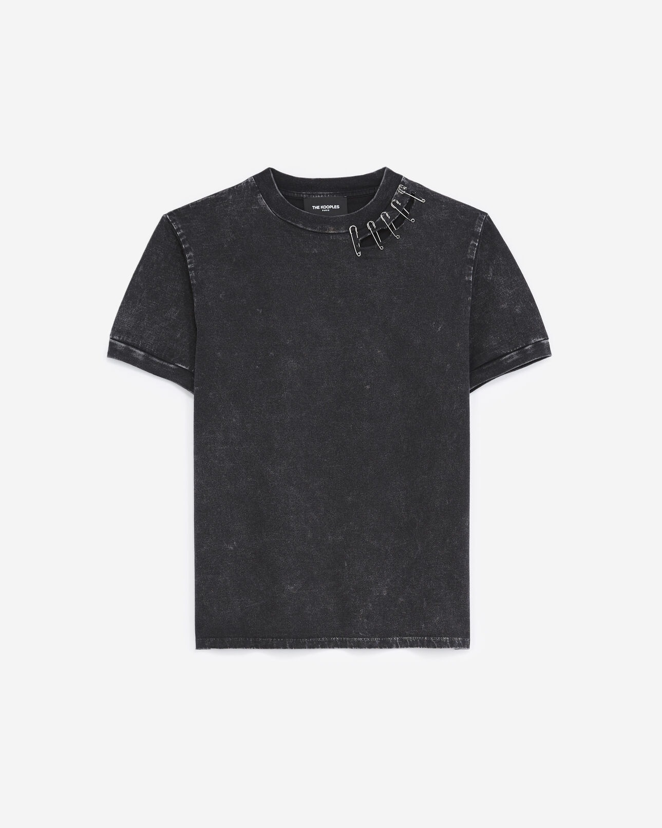 The Kooples FEMME BLACK WASHED t-shirt noir délavé coton détail épingle